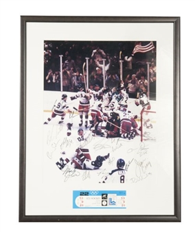 1980 U.S. Olympic Hockey Signed and Framed Photo with 20 Signatures plus Full Ticket to Soviet Union Game 
